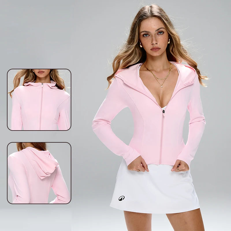 SVEIC Yoga Coat Sports Top Long Sleeve Zipper Fitness With Hat Workout Breathable Quick Drying Running Jackets Gym Woman Clothes