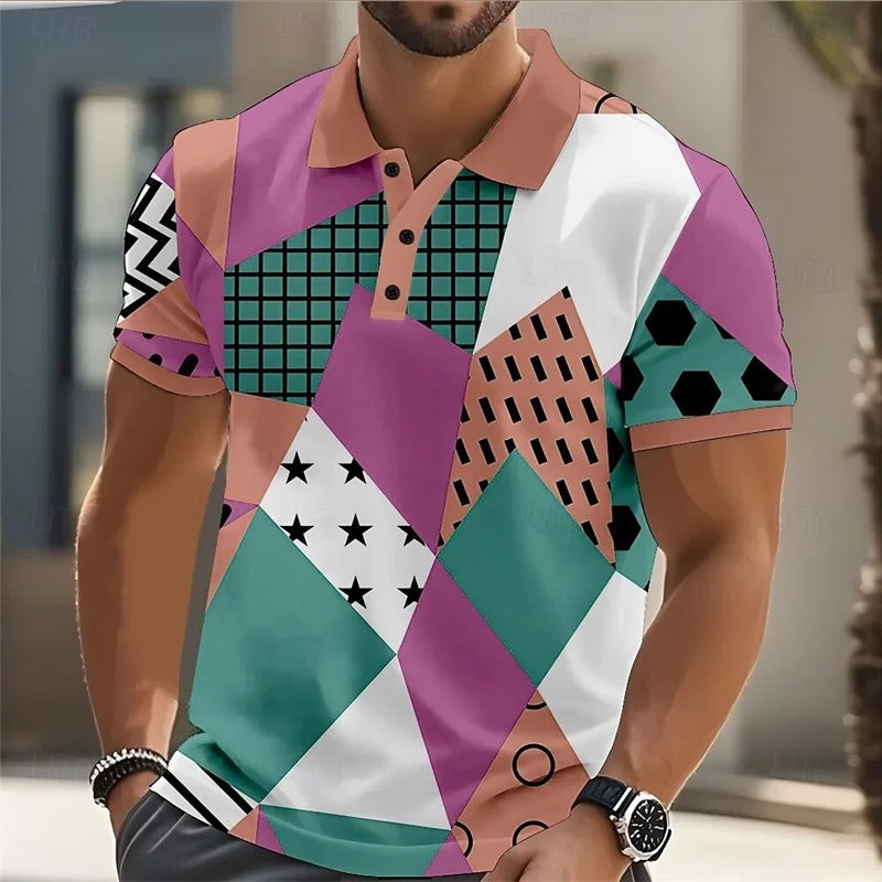 Summer Fashion Short Sleeve Men's Polo Shirt Striped 3D Printed Lapel Men's Top High Quality Men's Shirt Casual Wear