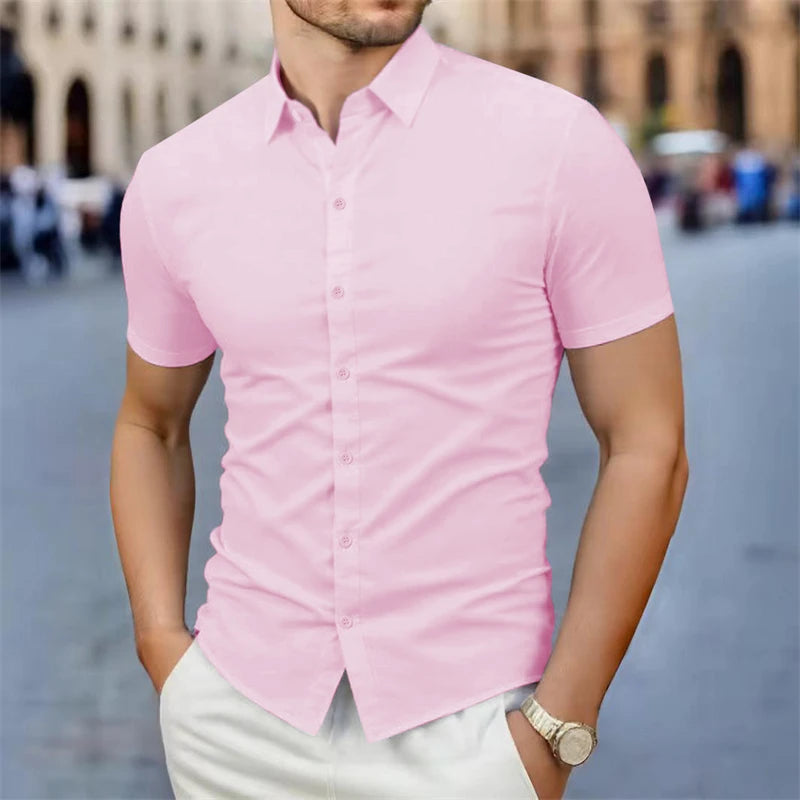 2025 New Men's Business Casual Solid Color Short Sleeved Shirt for Summer Fashion No Ironing Comfortable and Versatile Top