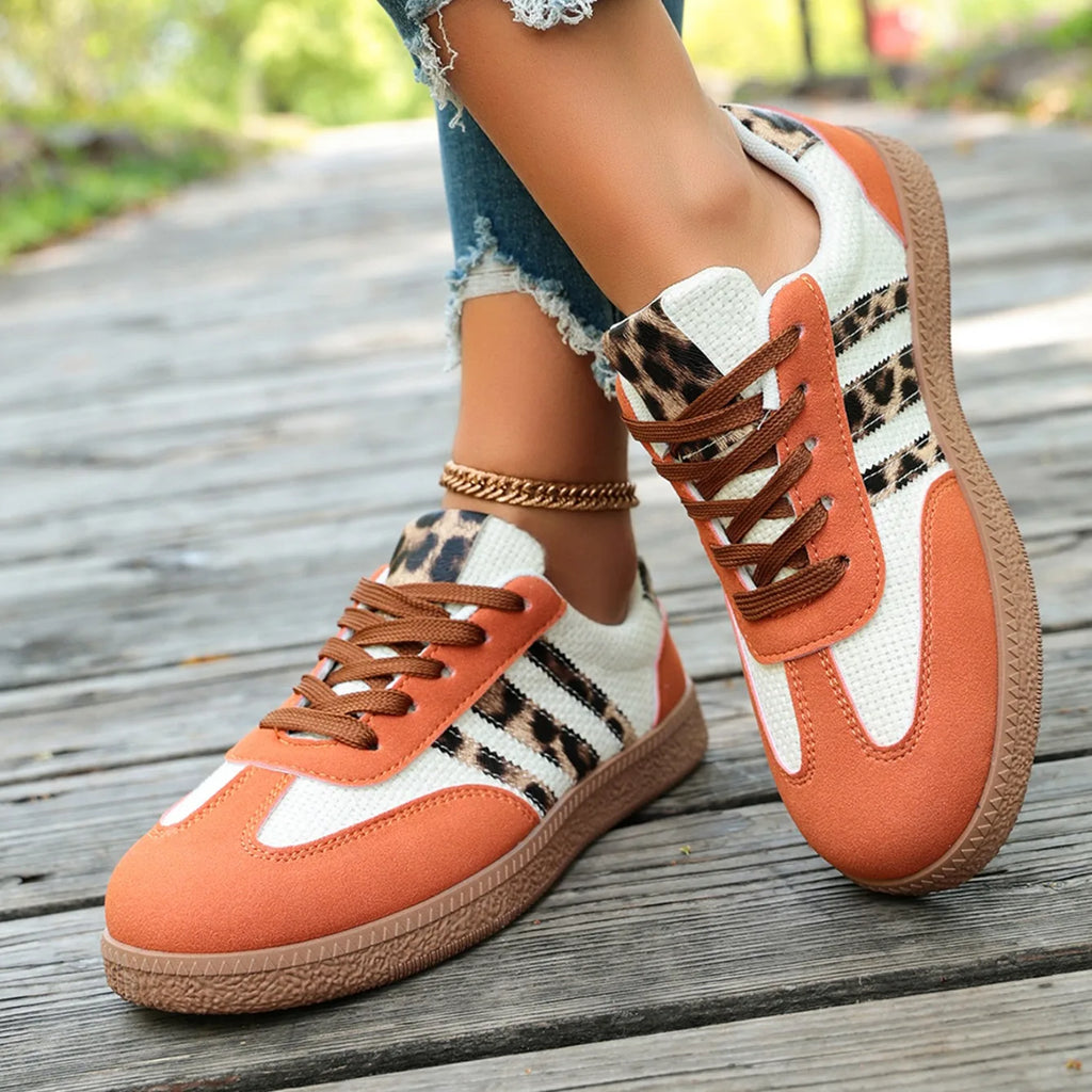 Women Sneakers 2026 New Fashion Leopard Striped Designer Shoes Lace Up Soft Soled Loafers Casual Comfortable Female Sneakers