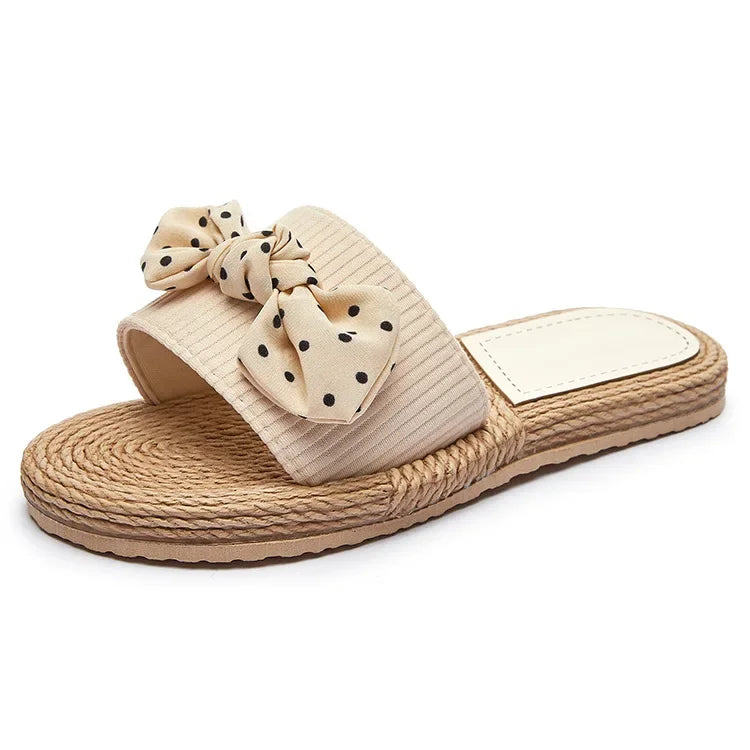 Female Summer Slippers Artificial Straw Sole Shoes Lady Summer Indoor Flat with Flip Flops Stitching Floral Women Slippers