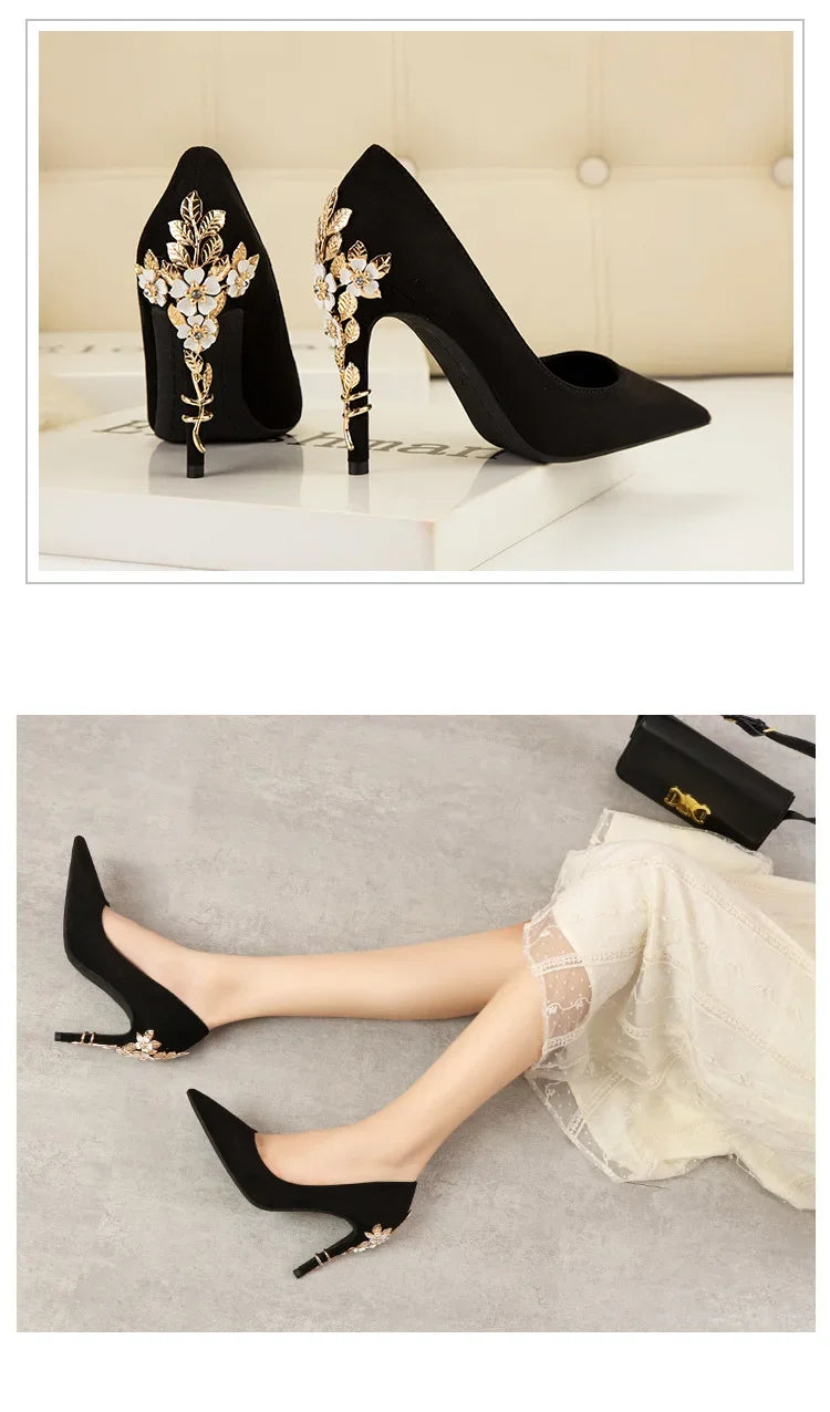 High End Metal Flower High Heels New European American Fashion Luxury Sexy Pointed Women's Shoes Banquet Party Casual Shoes