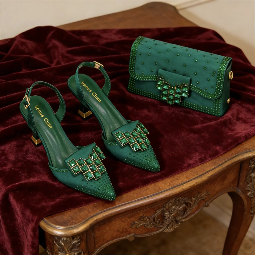 Venus Chan 2026 INS Italy Elegant Rhinestone Pointed Toe High Heels & Matching Bag Set - Perfect for Women's Parties & Weddings