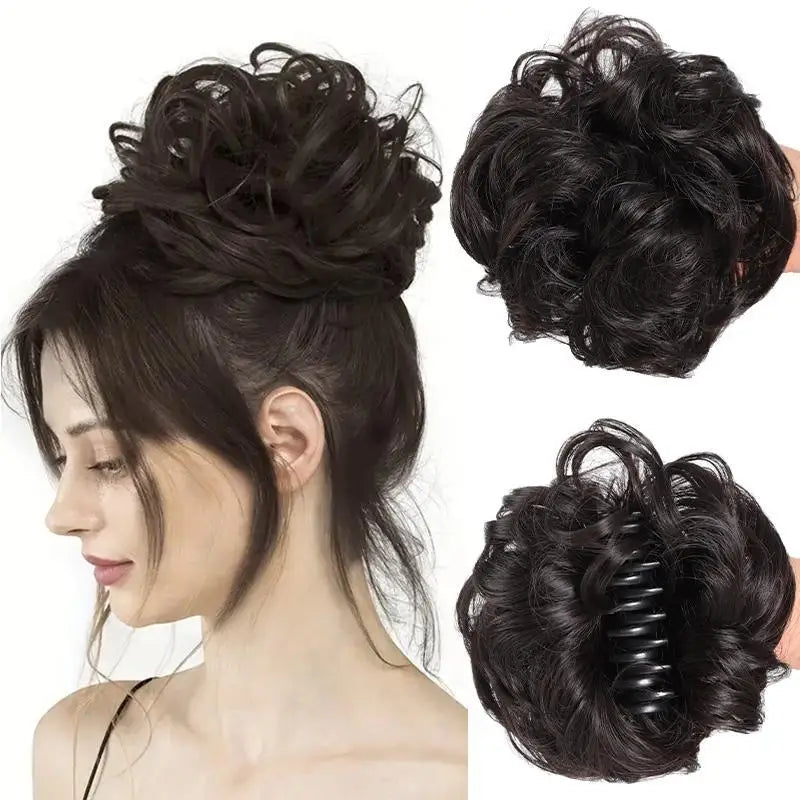 Synthetic messy hair clip bun short curly hair clip in a woman's ponytail hair extension bun wig