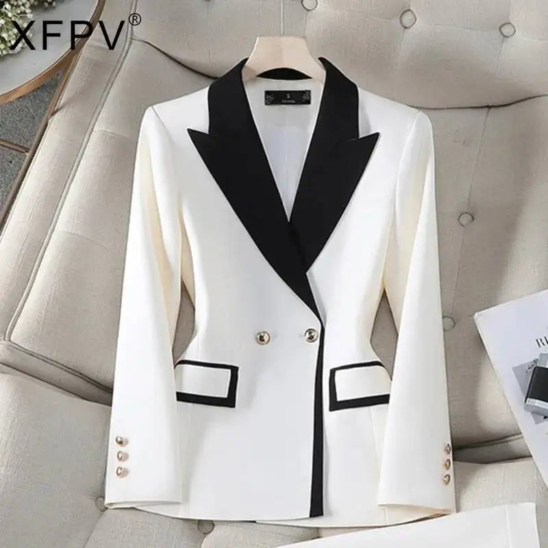 XFPV Office Lady Women Long Sleeves Blazer 2025 Autumn New Contrast Color Double Breasted Notched Loosĺe Blazers Coat Autumn New