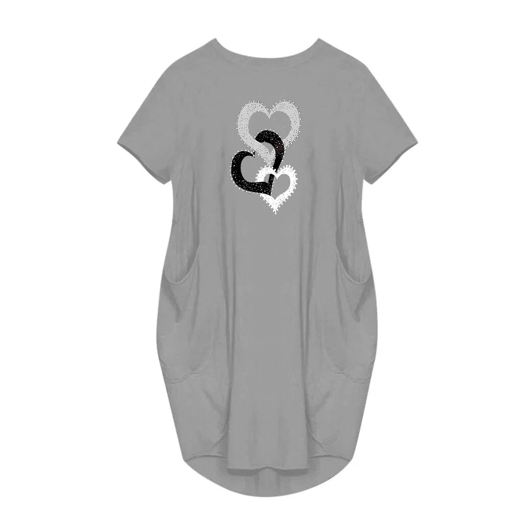 Women's heart-shaped printed pocket dress, casual round neck short sleeved dress for spring and summer women's wear