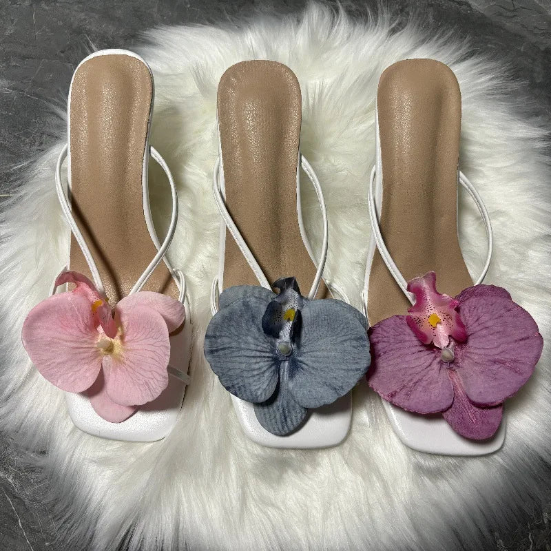 Orchid Flower Summer New High Heeled Women White Pink Blue Purple Floral Heels Square Toe Prom Slipper Slingback Shoes for Women