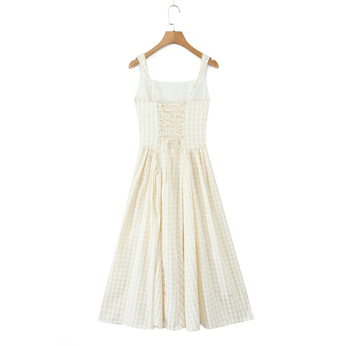 YENKYE Lace Up Bandage Plaid Sling Dress Women Elegant Square Neck Low Waist A-line Midi Summer Dresses Holiday Party Robe 2025