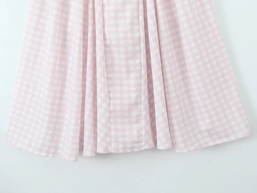 YENKYE Lace Up Bandage Plaid Sling Dress Women Elegant Square Neck Low Waist A-line Midi Summer Dresses Holiday Party Robe 2025