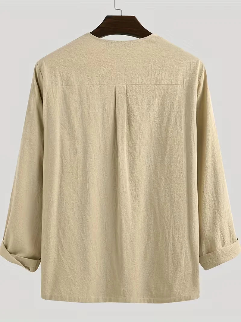 Men's Medieval Pirate Shirt - Historical Renaissance Faire Costume with V-Neck, Lace-Up Collar & Adjustable Drawstring Waist - L
