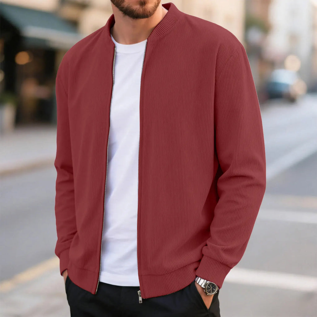Corduroy Solid Color Men'S Casual Coat Round Neck Zipper Long Sleeve Outerwear Autumn/Winter Stylish Male Jacket Overcoat