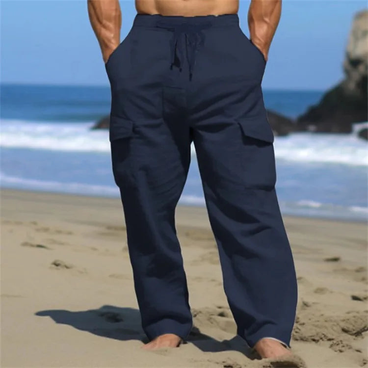 Men's Linen Cargo Pants Drawstring Multi-Pocket Straight Leg Solid Color Breathable Casual Outdoor Trousers