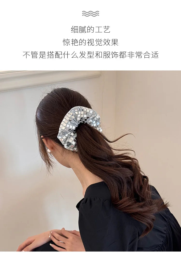 K-style Vintage Glitter Silver Scrunchies Sparkly Hair Ties for Women Chunky Sequin Ponytail Holder Party Elastic Hair Bands