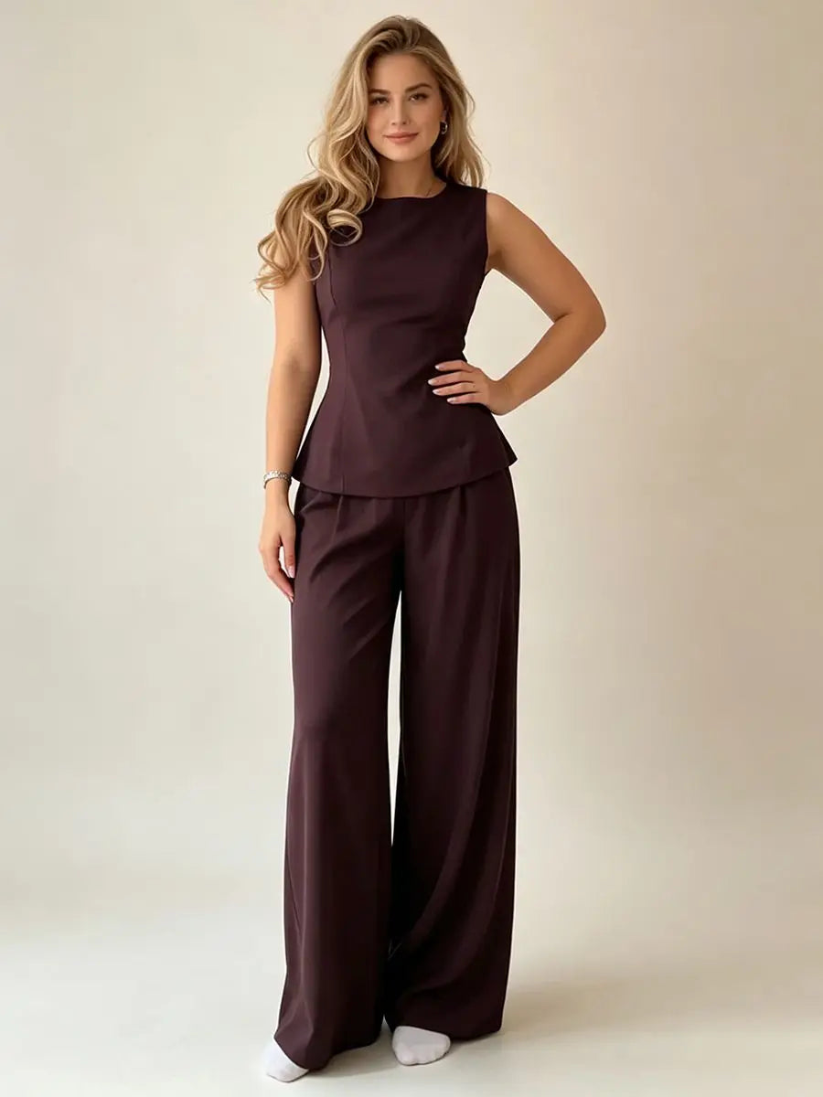2026 Women Elegant Back Tie Sleeveless Peplum Top + Wide Leg Pants 2 Piece Casual Set