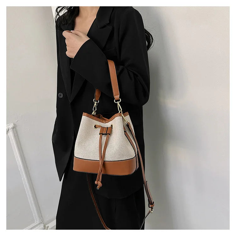 Canvas Bucket Bag Luxury Designer Handbags Women PU Shoulder Bag Fashion Crossbody Daily Commuting Tote Bag