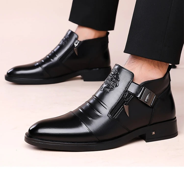 Men's Pointed Toe Dress Shoes Double Side Zippers Business Casual Low Top Boots Comfortable Formal Leather Shoes for Work Office