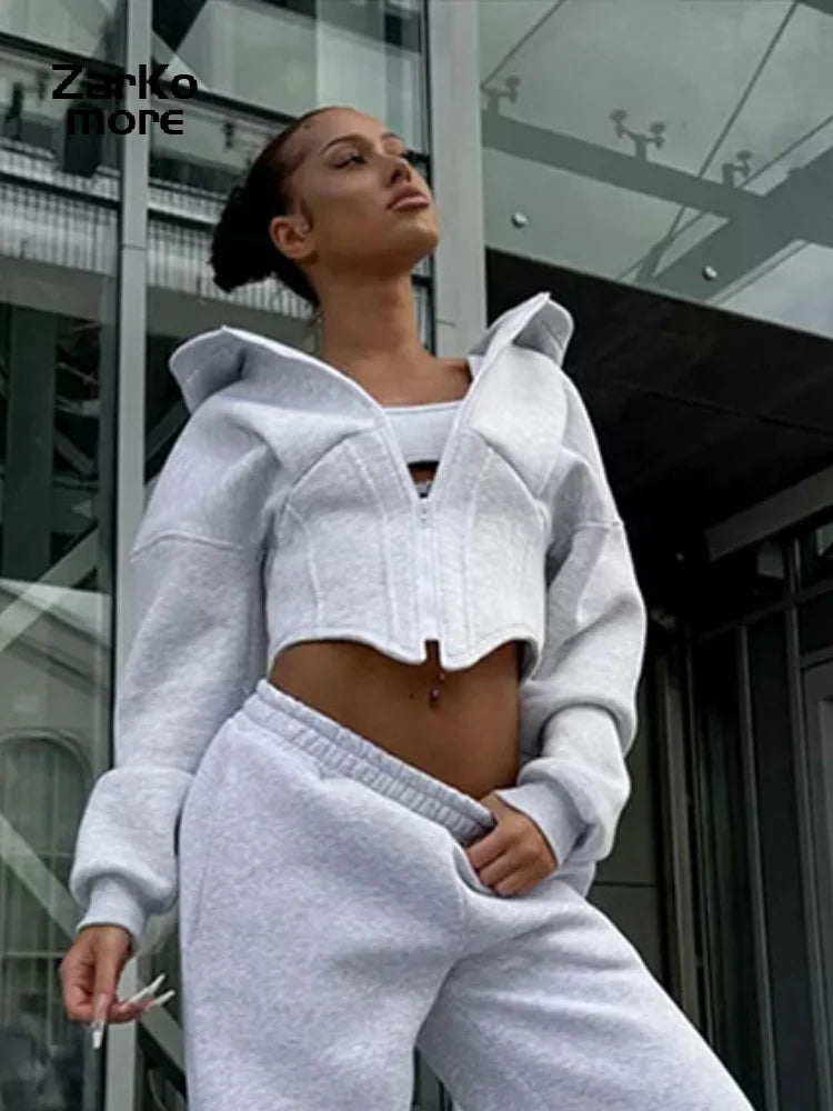 Street Women's Solid Hooded Sweatshirt Jacket Slim Long Sleeved Zipper Waist Cinching Cropped Jackets 2026 Autumn Lady Suits New