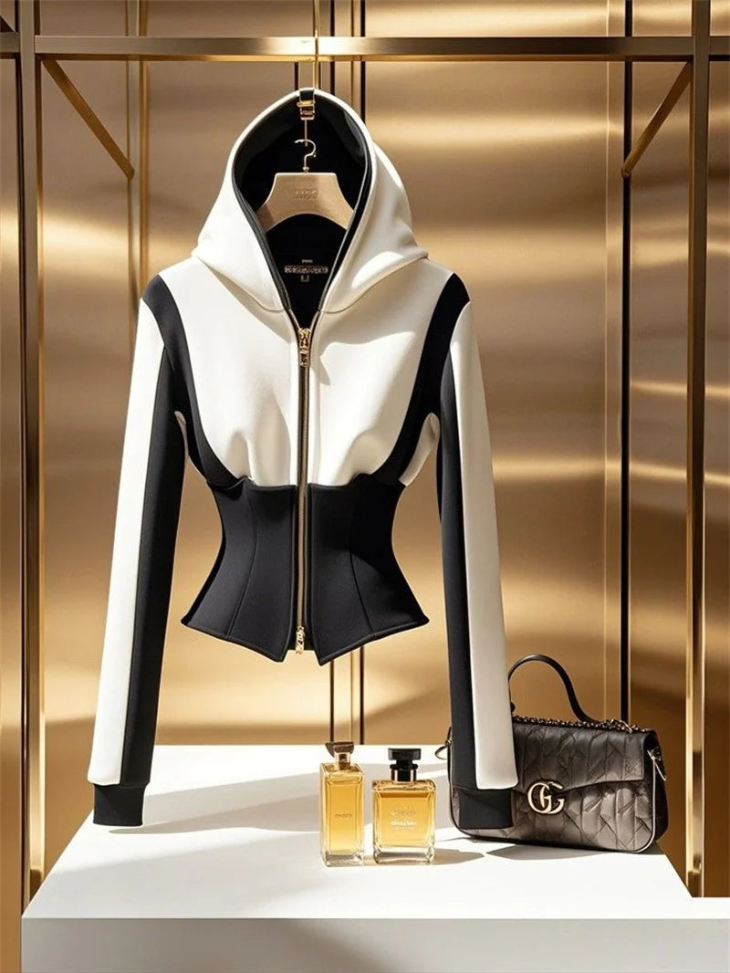 Spring And Autumn New Hooded Contrast Short Tops Female Temperament High Quality Waist Collection  Hoodie Short Coat Women Coats