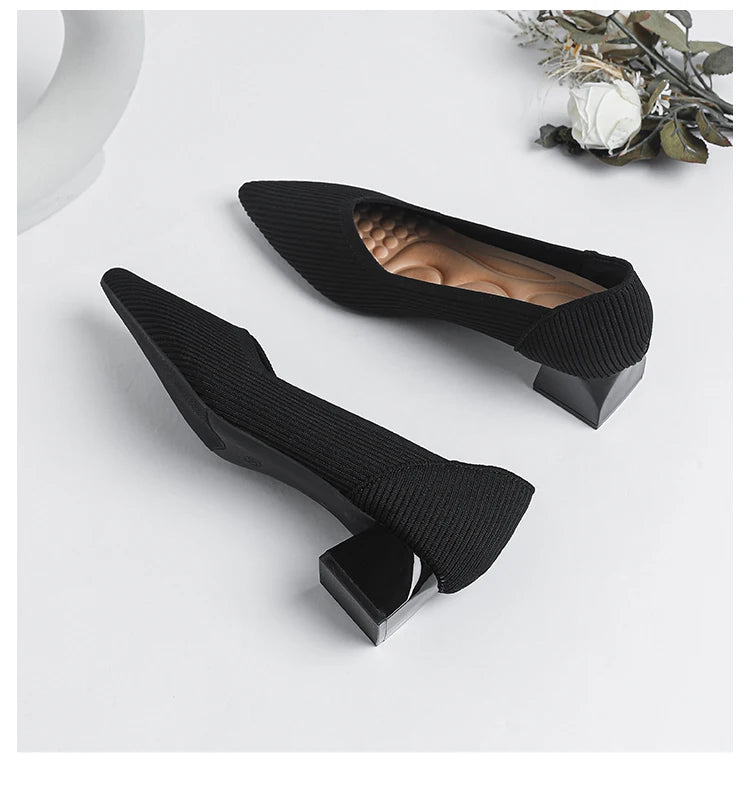 2026 New Women's High Heels Large 42/43 Fashion Pointed Anti slip Rubber Bottom Knitted Breathable Shoes