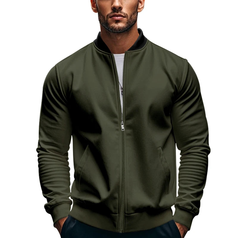 2024 New Spring And Autumn Men's Stand Collar Jacket Solid Color Leisure Sports Long Sleeve Zipper Coat Straight Tube Large Size
