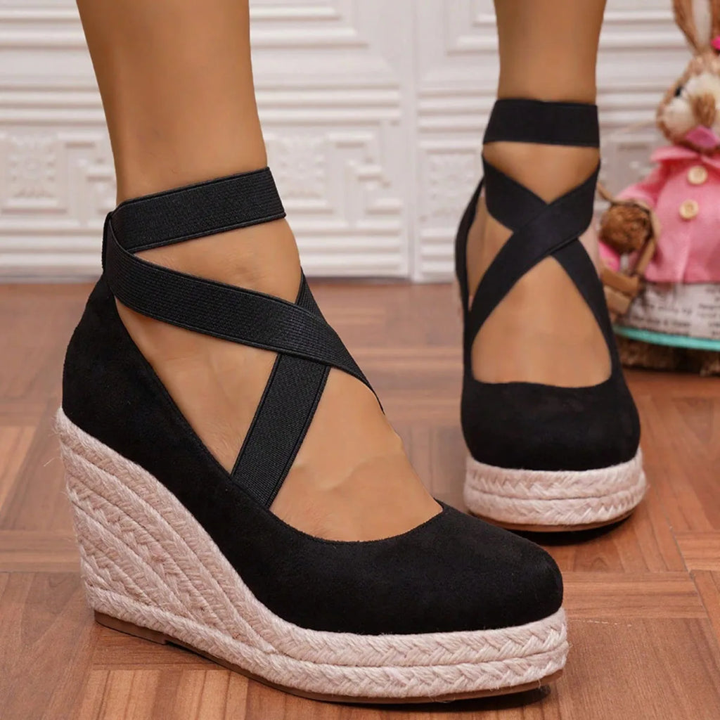 Women's Suede Espadrille Wedge Sandals Closed Toe Elastic Ankle Strap Platform Heels Casual Summer Wedge Shoes Beach Sandals
