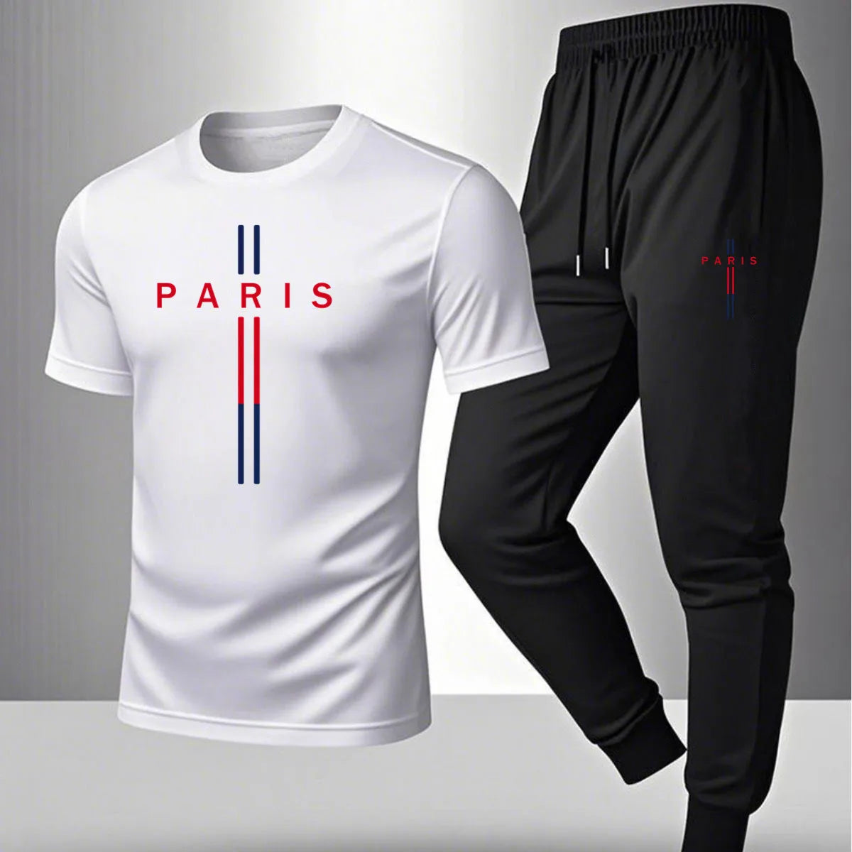 Men's casual sports outfit, printed round-neck short-sleeved T-shirt and long pants, suitable for outdoor wear.
