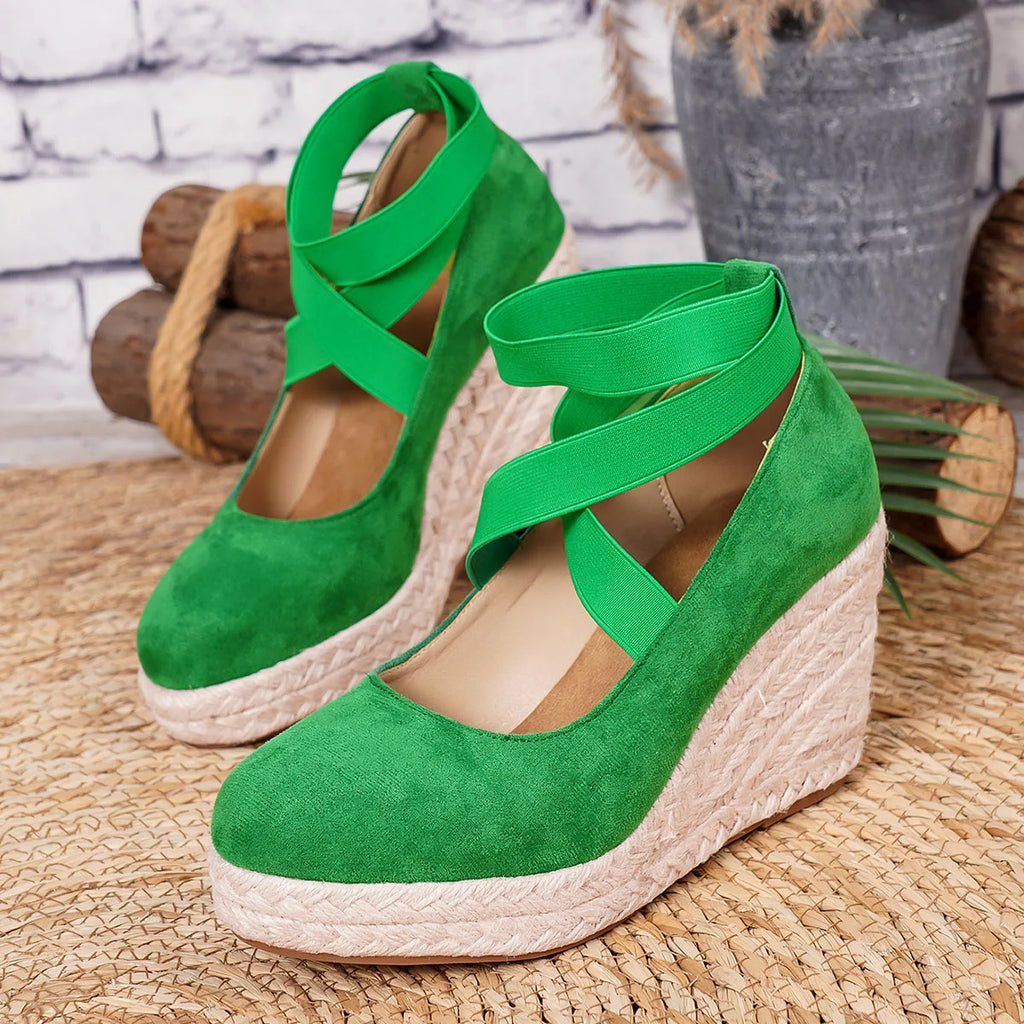 Women's Suede Espadrille Wedge Sandals Closed Toe Elastic Ankle Strap Platform Heels Casual Summer Wedge Shoes Beach Sandals