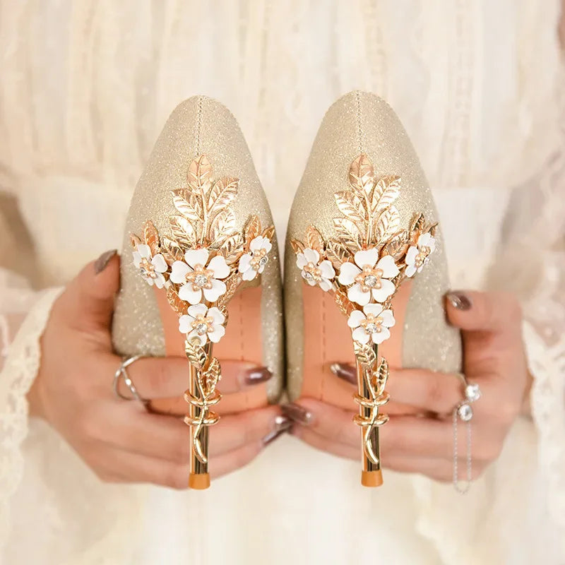 High End Metal Flower High Heels New European American Fashion Luxury Sexy Pointed Women's Shoes Banquet Party Casual Shoes