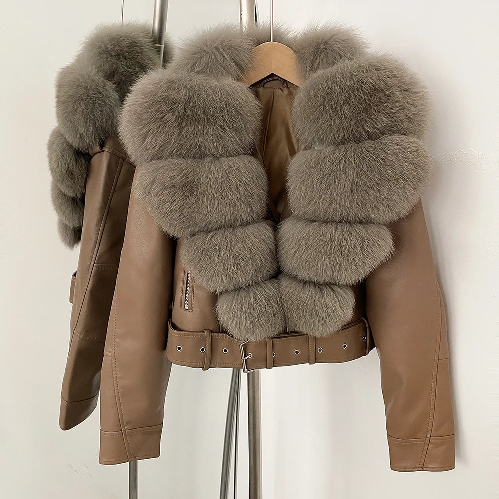 Faux PU Leather Jacket Natural Fox Fur Female New Autumn Short Top Clothing Women Long Sleeve Fake Leather Coat Real Fur Coat