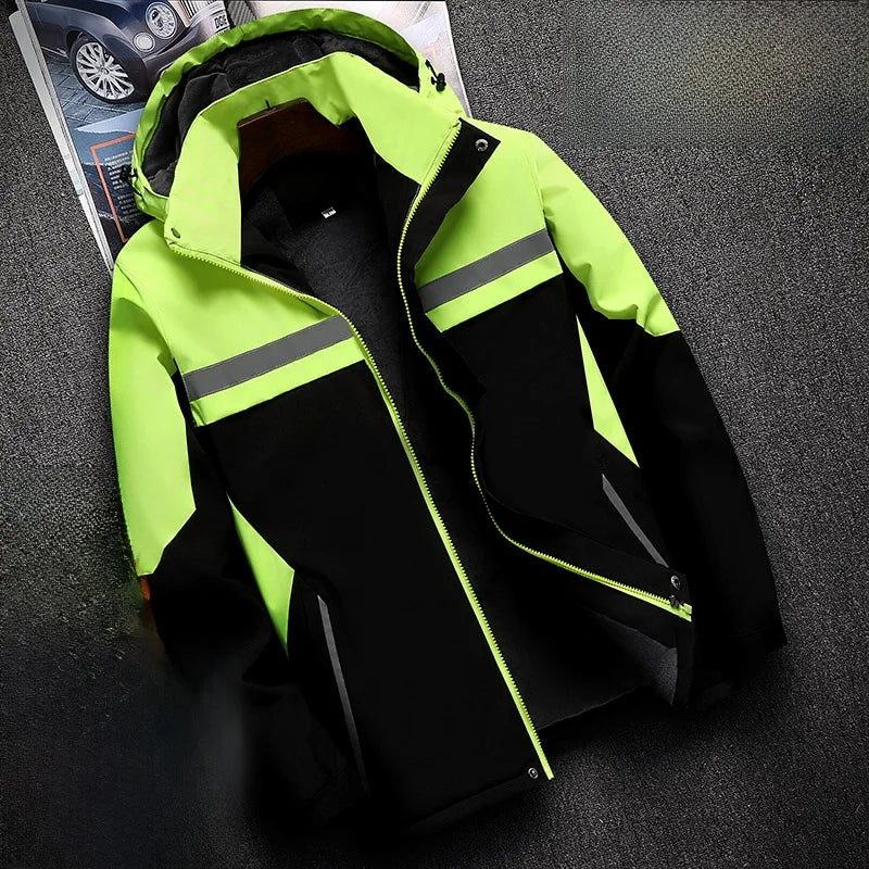 Thiened Fce Workwear Jaet ex Warm Windproof Reflective Cotton Coat Men's Casual Sle Removable Hat Zipper Closure