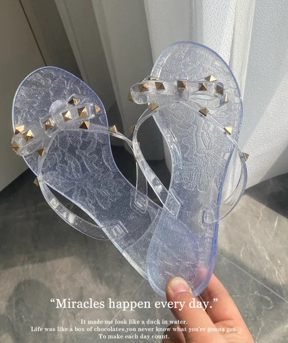 Ladies Leisure Waterproof Shoes Summer Zoris Slippers In Flats Clear Yellow Flip-Flops With Gold Stud Bow-Knot PVC Slides 36-42
