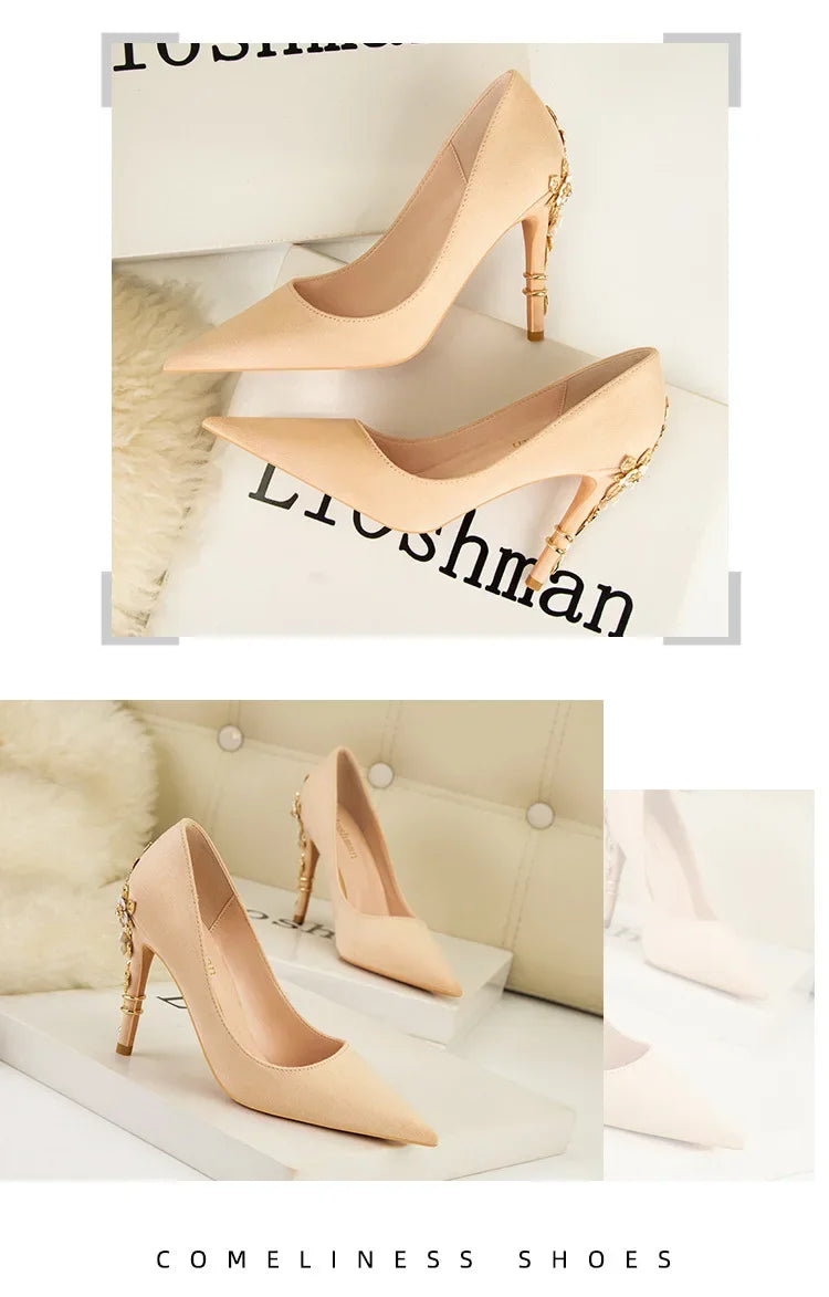 High End Metal Flower High Heels New European American Fashion Luxury Sexy Pointed Women's Shoes Banquet Party Casual Shoes