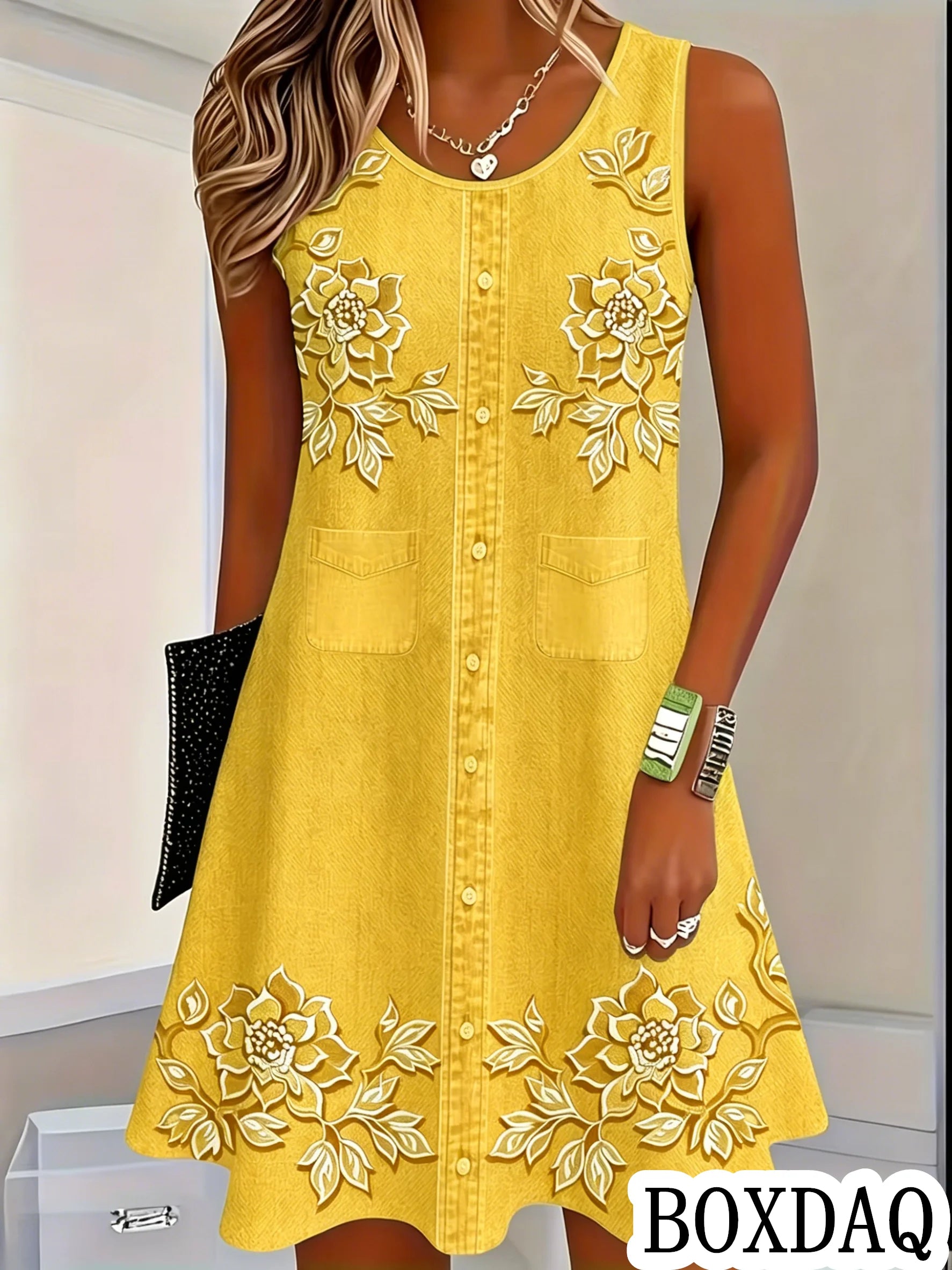 Women Vintage Pattern Flowers Print Dresses Summer Fashion Sleeveless Dress Casual Sundress Beach Loose Dress