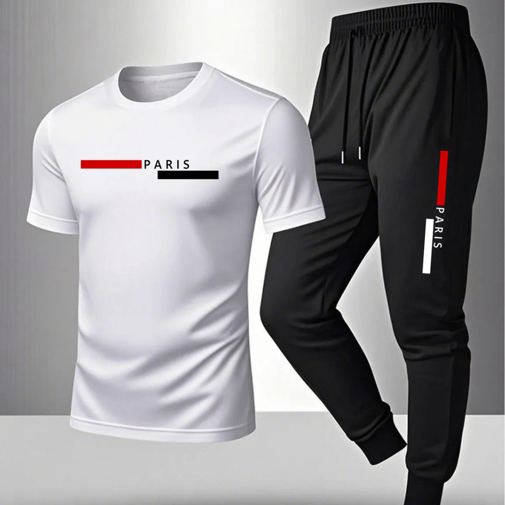 Men's casual sports outfit, printed round-neck short-sleeved T-shirt and long pants, suitable for outdoor wear.