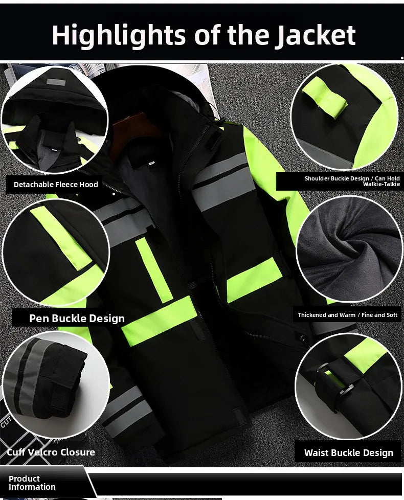 Thiened Fce Workwear Jaet ex Warm Windproof Reflective Cotton Coat Men's Casual Sle Removable Hat Zipper Closure