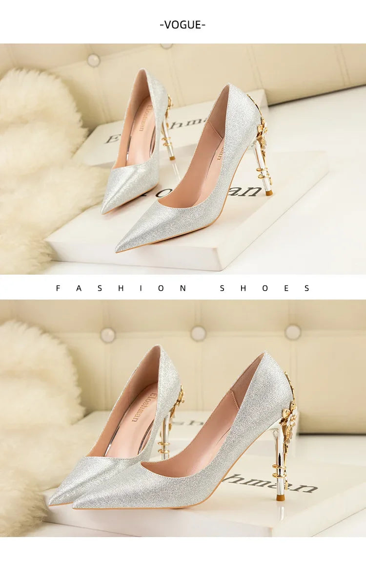 High End Metal Flower High Heels New European American Fashion Luxury Sexy Pointed Women's Shoes Banquet Party Casual Shoes