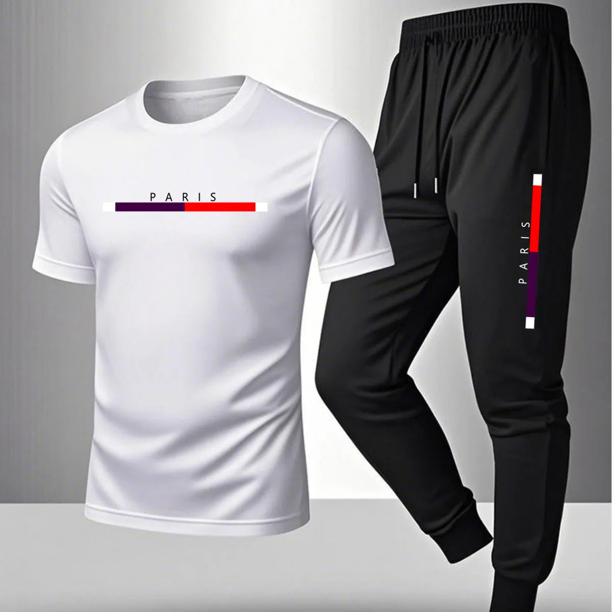 Men's casual sports outfit, printed round-neck short-sleeved T-shirt and long pants, suitable for outdoor wear.