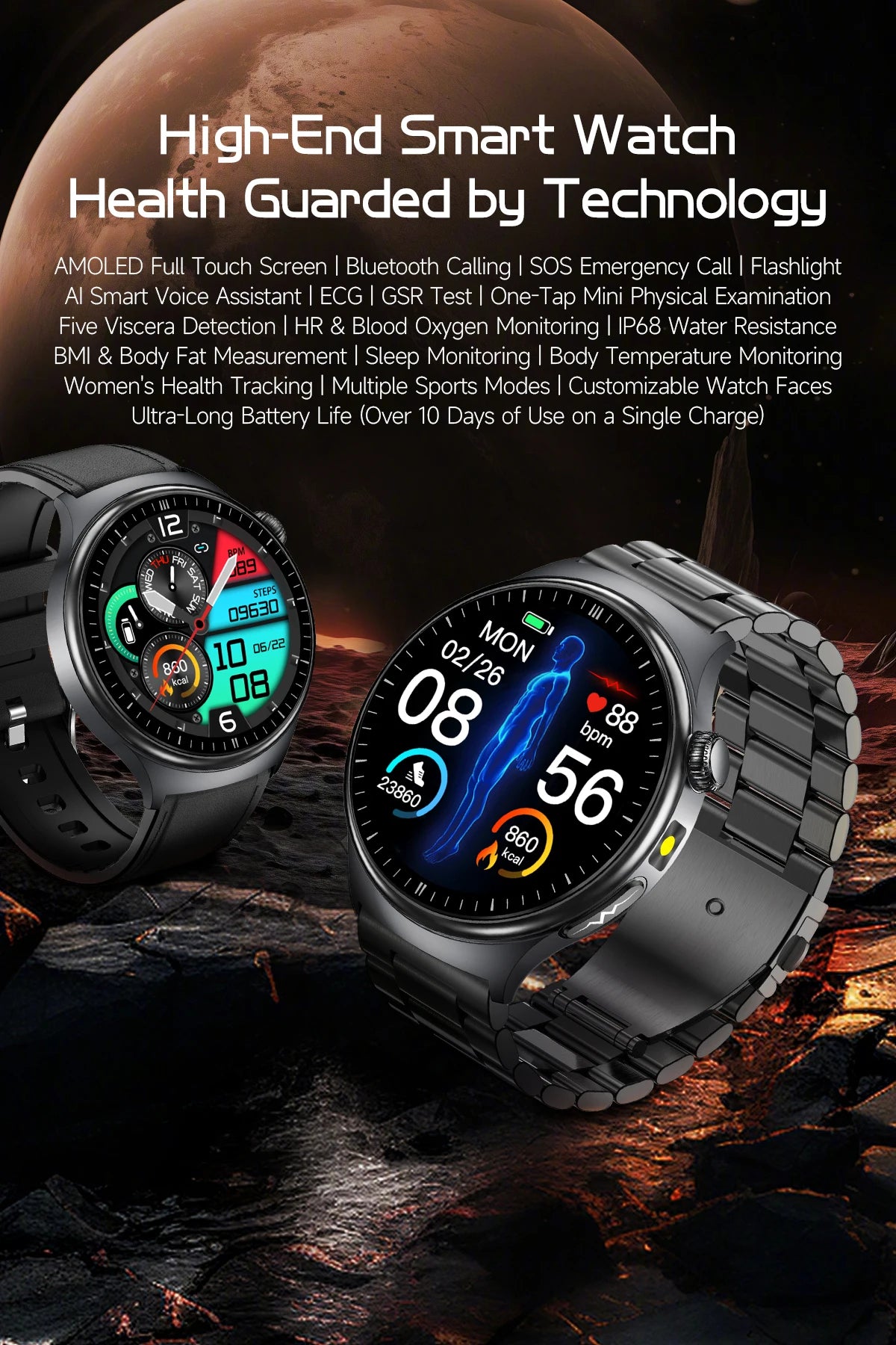 TK27 Men Smart Watch AMOLED ECG Health Monitoring Outdoors Flashlight Bluetooth Calling Sports Fitness Tracker Smartwatch