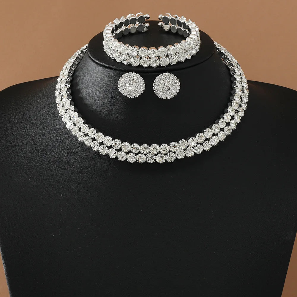 Light Luxury Double Layer Choker Necklace for Women Full Rhinestone Cuff Bracelet Stud Earring Braidal Wedding Party Jewelry Set