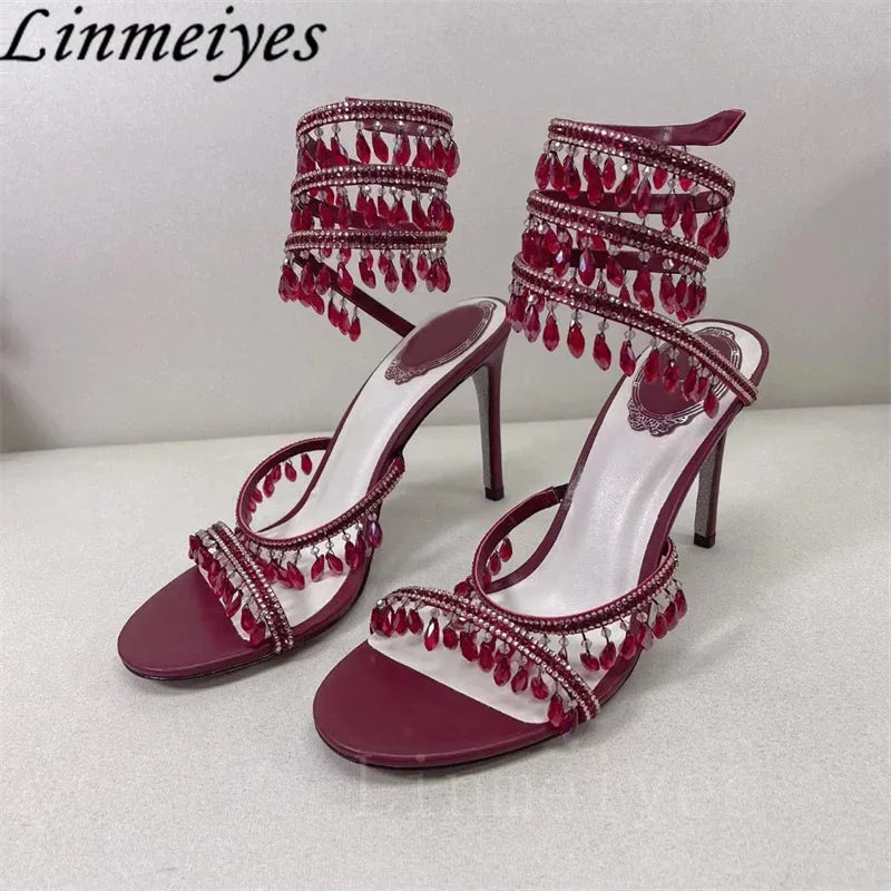 Summer High Heels Sandals Women Rhinestone String Bead Ankle Snake Twine Around Wedding Shoes Lady Gladiator Sandals Woman