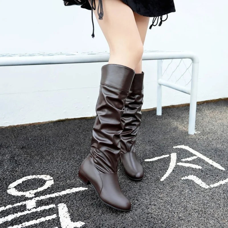 Autumn and Winter New Knee High Boots Women Designer Heel High Black Boots Women's Leather Boots Plus Size 35-43 Botas De Mujer