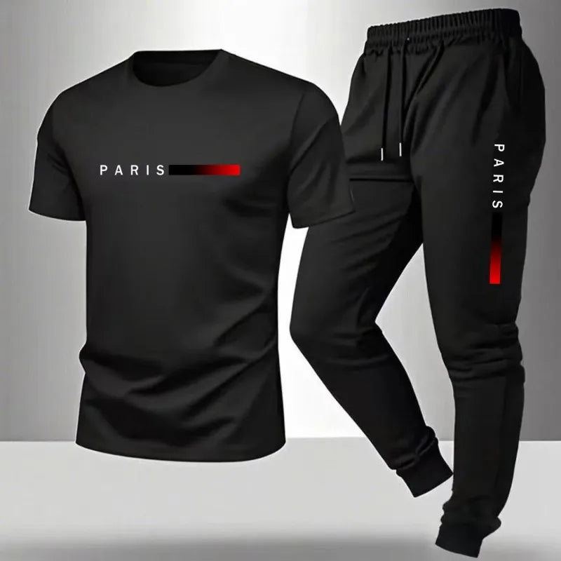 Men's casual sports outfit, printed round-neck short-sleeved T-shirt and long pants, suitable for outdoor wear.
