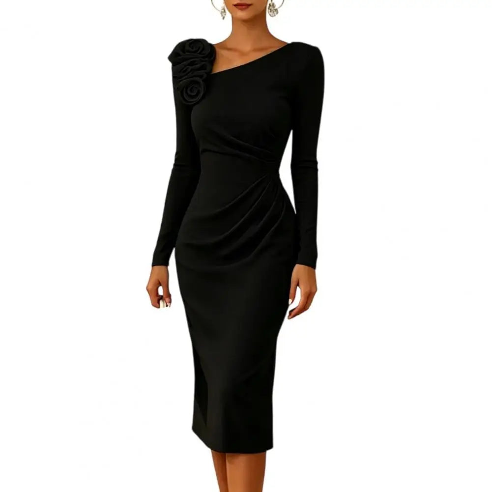 Retro Style Dress Women's Cocktail Party Bodycon Midi Dress Long Sleeve 3d Flower Ruched Gown Formal Wedding Guest Evening Wear