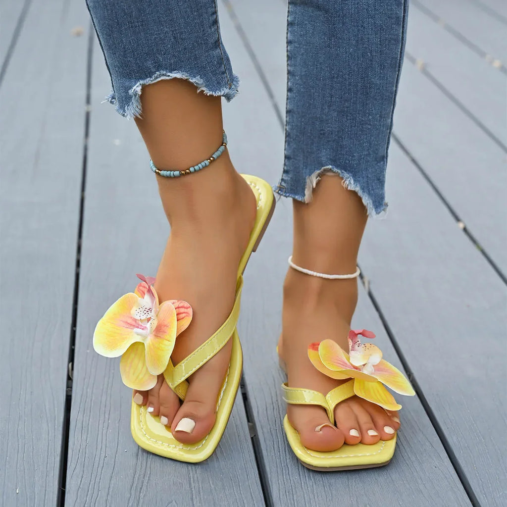 Women Slippers Summer Flip Flops Square Toe Flat Sandals Outdoor Casual Slippers Women Fashion Flowers Shoes Ladies Slides Women