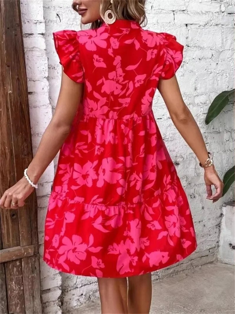 Sweet Flower Print Women's Dress 2025 Summer New Lotus Leaf Sleeves V-Neck Loose Casual Fashion Beach Party Dress Boho Sundress