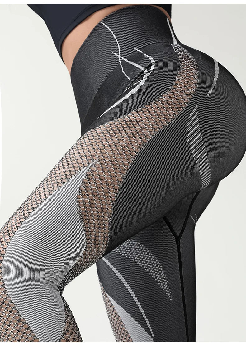 Seamless Hollow Mesh Panel Scrunch Booty Leggings High Waist Workout Sports Tights