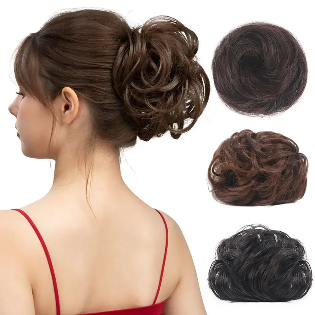 Girls Curly Scrunchie Chignon Band Brown Black Synthetic Hair Ring Wrap On Messy Bun Ponytails Straight Hair Tie