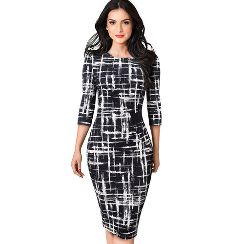 Autumn Elegant Printed Patchwork Dresses Business Bodycon Fitted Women Office Dress