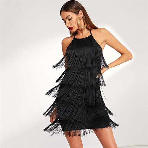 Black Layered Fringe Detail Halter Dress Going Out Sleeveless Solid Short Dress Autumn Modern Lady Women Party Dresses