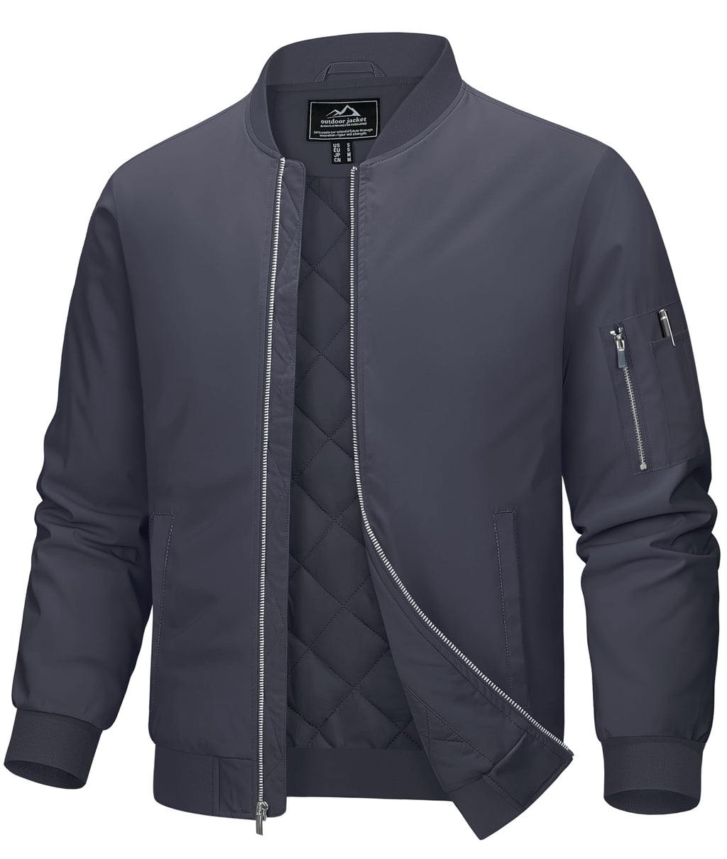 MAGCOMSEN Mens Bomber Jackets Quilted Windbreaker Jackets Fall Fashion Winter Varsity Jacket Zipper Thermal Golf Jacket Outwear Dark Grey L